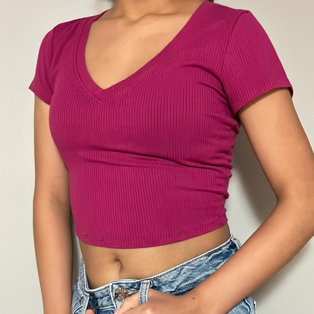 Bozzolo Pink Ribbed Crop T-Shirt